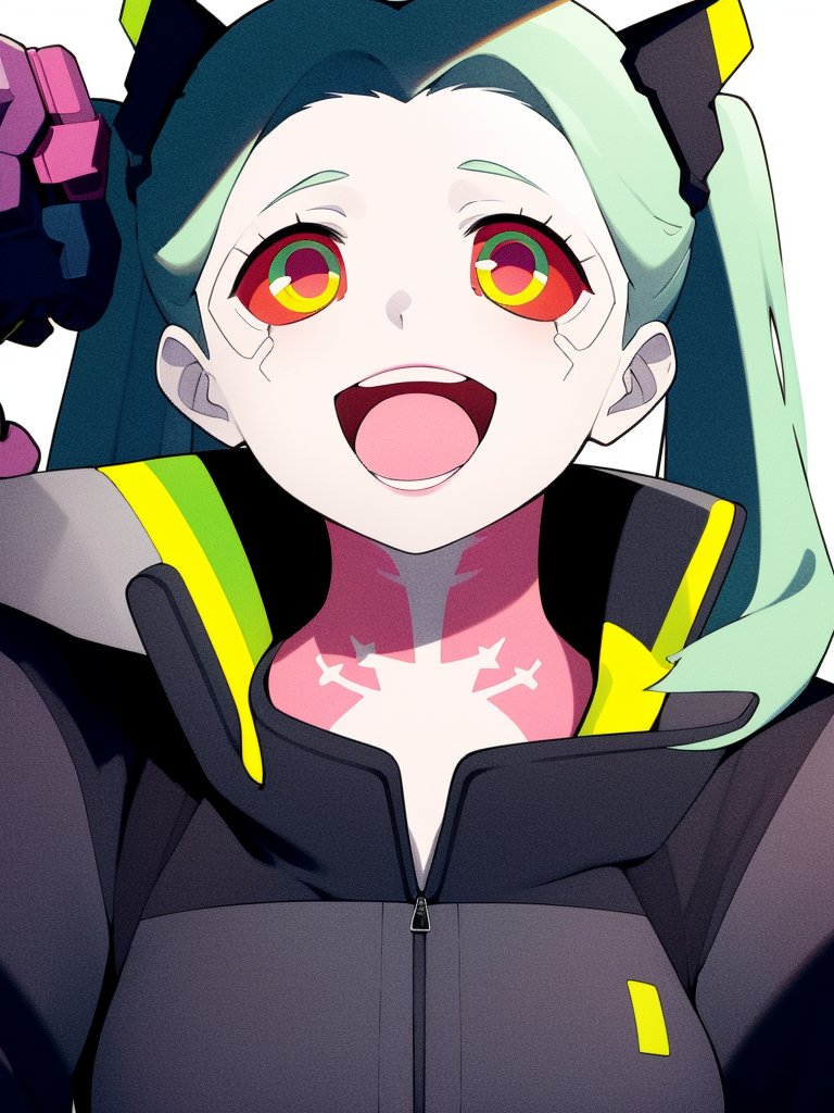 01074-2132437369-cyberpunk rebecca open_mouth solo pink neck tattoo eye smile black jacket close-up face 1girl     _lora_Rebecca2-0000.png